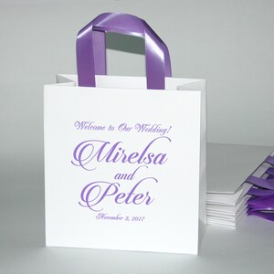 35 Lavender Wedding Welcome Bags with satin ribbon handles and your names - Personalized bags for your guests - Weddings Gifts and Favors