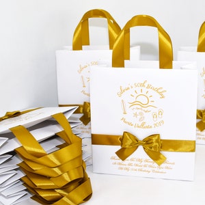 30 Beach Birthday Party Favor Bags for your guests with gold satin ribbon handles, bow and custom name, Personalized Anniversary gift bag