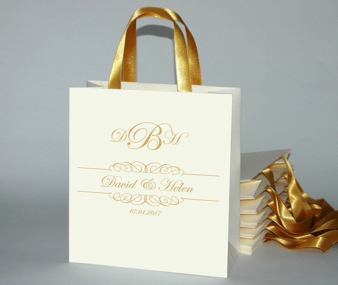 25 Wedding Monogram Gift Bags for Guests With Gold Satin Etsy
