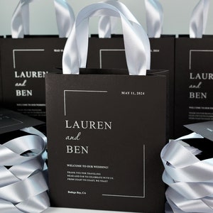 35 Black & Silver Wedding Welcome Bags with satin ribbon handles and your names, Elegant Personalized Wedding gifts and favors for guests