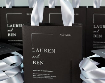 35 Wedding Welcome Bags, Black and Silver, Satin Ribbon Handles, Personalized Gifts and Favors for Guests