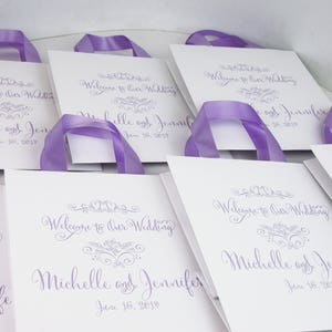 35 Wedding Welcome Bags with satin ribbon handles and your names - Lavender Wedding Favor bags for wedding guests Weddings Gifts and Favors