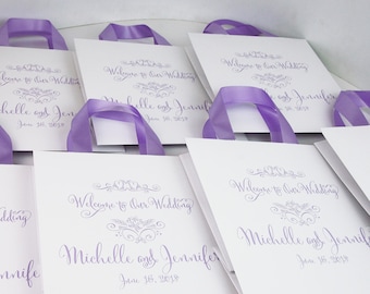 35 Wedding Welcome Bags with satin ribbon handles and your names - Lavender Wedding Favor bags for wedding guests Weddings Gifts and Favors