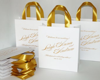 35 Gold Wedding Welcome Bags with satin ribbon handles and custom names - Gift bags for wedding favor for guests - Weddings Gifts and Favors
