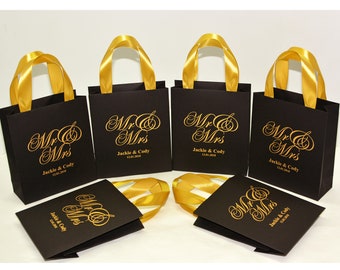 Personalized Mr and Mrs Wedding Welcome Bags, Black and Gold, Satin Ribbon, Set of 25