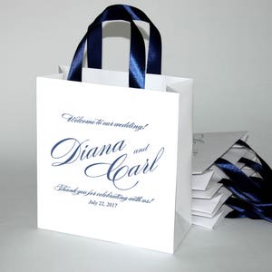 35 Navy Blue Wedding Welcome Bags With Satin Ribbon Handles and Custom ...