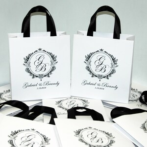30 Wedding Monogram Welcome Bags for guests with satin ribbon handles and your names - Elegant Welcome Bags for Weddings Gifts and Favors
