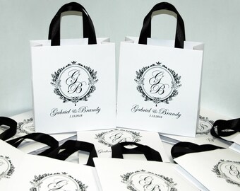 30 Wedding Monogram Welcome Bags for guests with satin ribbon handles and your names - Elegant Welcome Bags for Weddings Gifts and Favors