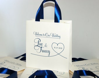 25 Ivory Wedding Welcome Bags with satin ribbon handles and your names, Navy Blue Personalized wedding gifts and favor for hotel guests