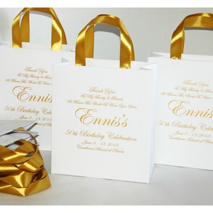 30 Elegant 50th Birthday Party Bags for your guests with Gold satin ribbon handles and custom name - Personalized Anniversary gift bags