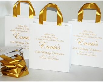 30 elegante 50e verjaardagsfeesttassen voor uw gasten met gouden satijnen lintgrepen en aangepaste naam - gepersonaliseerde verjaardagscadeautassen