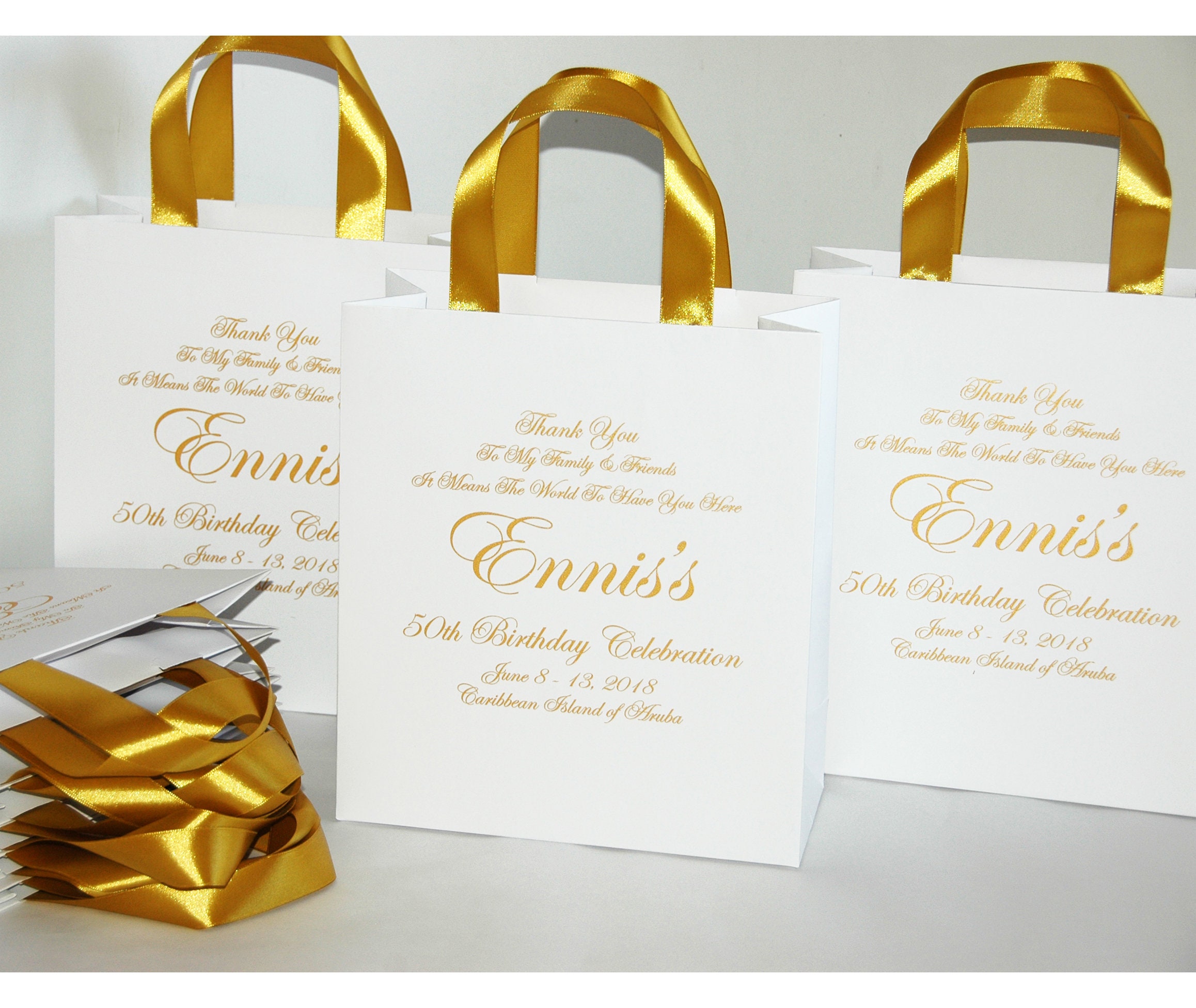 25 Purple & Gold Birthday Party Favor Bags With Satin Ribbon Handles, Bow  and Your Name, Personalized 50th Anniversary Gifts for Guests 