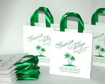 35 Beach Wedding Welcome Bags with Green satin ribbon handles and your names - Personalized Tropic Wedding Gifts and Favors for guests