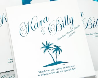 35 Tropical Wedding Welcome Bags with Teal satin ribbon handles and your names, Personalized Beach Wedding Gifts and Favors for hotel guests