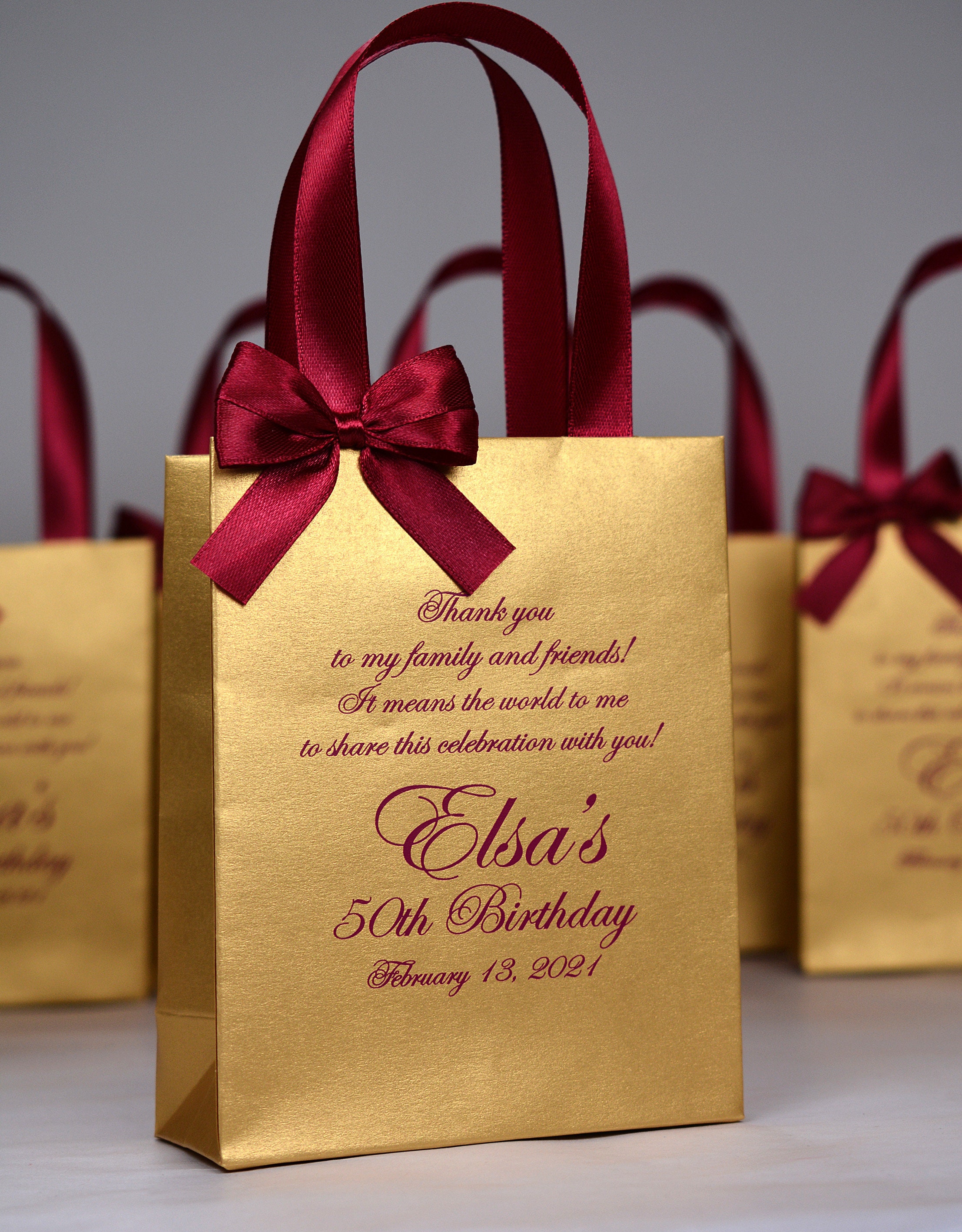 25 Birthday Party Favor Bags With Gold Satin Ribbon Handles, Bow and Your  Name, Elegant 55th and Fabulous Rose Gold Personalized Gift Bags 