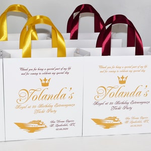 25 Elegant Yacht Birthday Party Bags for your guests with satin ribbon handles, Gold Personalized Anniversary gift bag Nautical Cruise Favor
