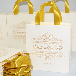 40 Gold Wedding Welcome Bags with satin ribbon handles and your names, Elegant Personalized Wedding Anniversary gifts & favors for guests