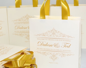 Personalized Wedding Welcome Bags: Gold Anniversary Favors, Satin Ribbon - Set of 40