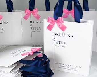 Personalized Wedding Welcome Bags: Navy Blue Ribbon, Rose Pink Bow