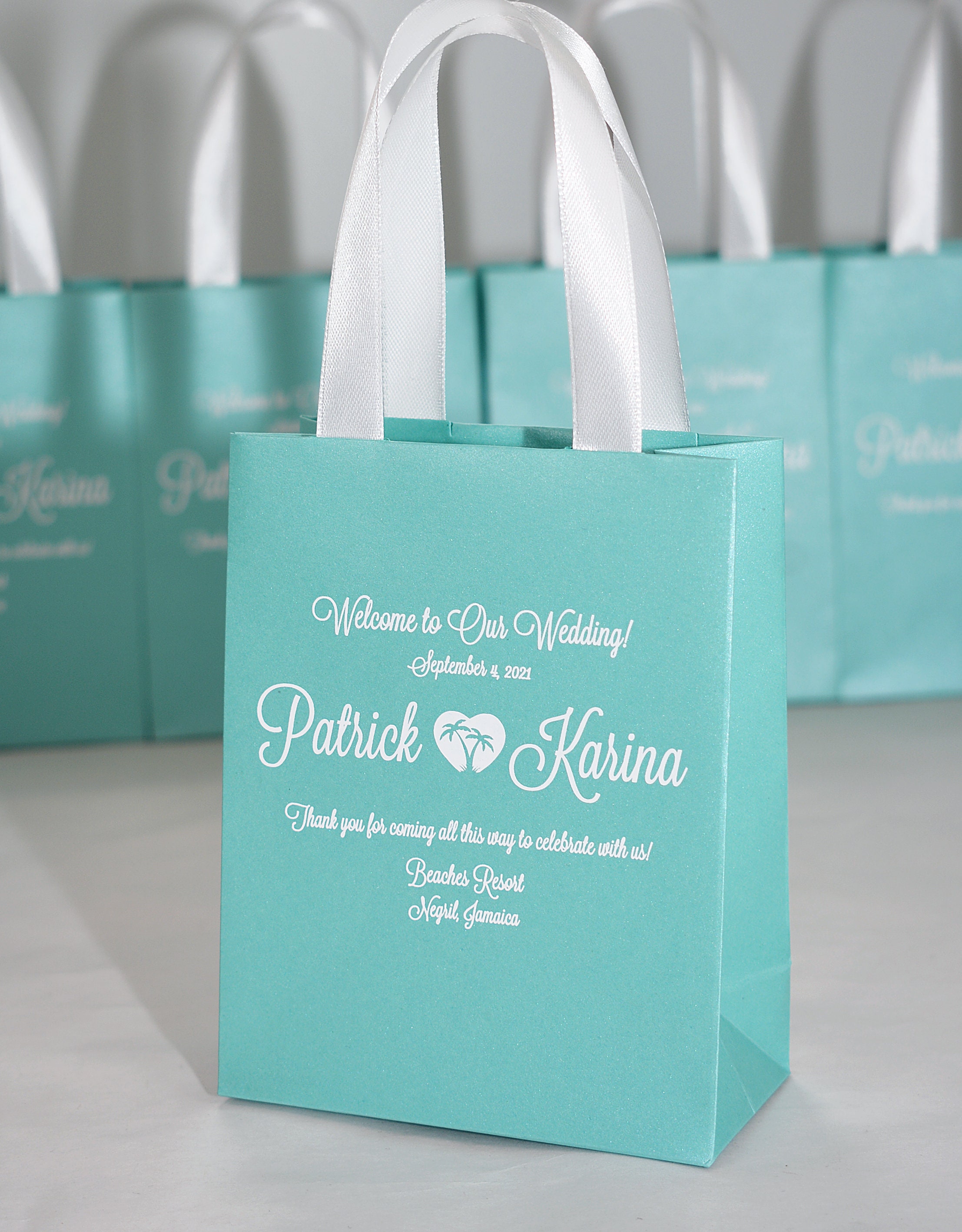 25 Tropical Wedding Welcome Bags with satin ribbon handles, Personalized Beach or Destination Wedding Gifts, Mint Wedding Favors for Guests