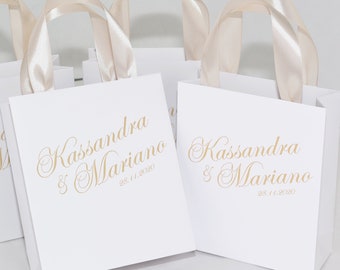 20 Champagne Wedding Welcome Bags with satin ribbon handles and your names, Elegant Personalized wedding favors and gifts for guests