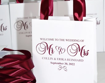 40 Wedding Welcome Bags with satin ribbon handles and your names, Elegant Burgundy Personalized Wedding gifts and favors for guests