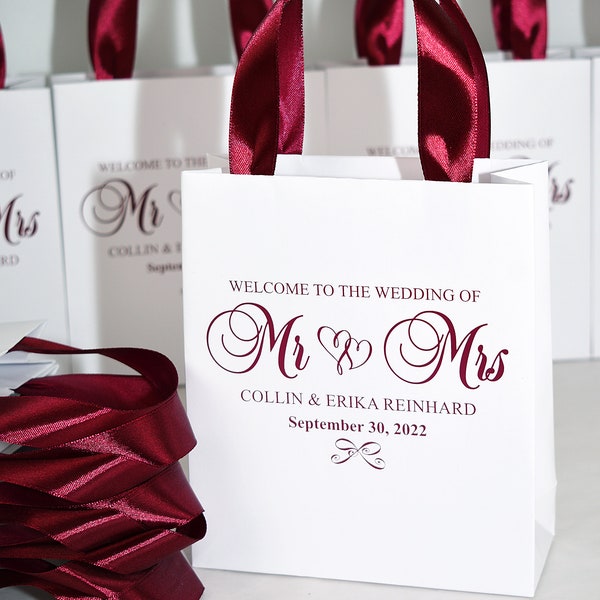 40 Wedding Welcome Bags with satin ribbon handles and your names, Elegant Burgundy Personalized Wedding gifts and favors for guests