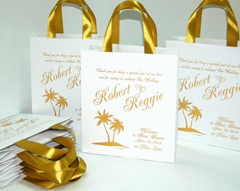 25 Gold Wedding Welcome Bags with satin ribbon handles and your names Personalized Beach Wedding favor Tropic Wedding Gifts and Favors