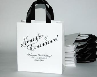 25 elegantes bolsas de bienvenida de boda con asas de cinta de raso y sus nombres - Bolsos personalizados para sus invitados - Regalos de bodas y favores.