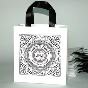 35 Wedding Monogram Welcome Bags with satin ribbon handles and your names, Elegant Personalized Wedding gifts and favors