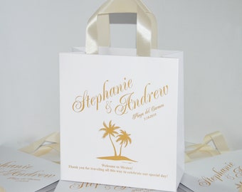 20 Elfenbein & Gold Strand Hochzeit Willkommenstaschen mit Satinband Griffen und Ihren Namen Elegant Personalisiert Tropic Hochzeit Gastliebe