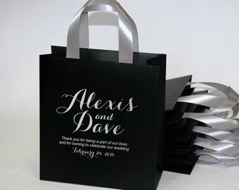 20 Wedding Welcome Bags with Silver satin ribbon handles and custom names - Black, White, Ivory paper gift bags for guests - Wedding Favors