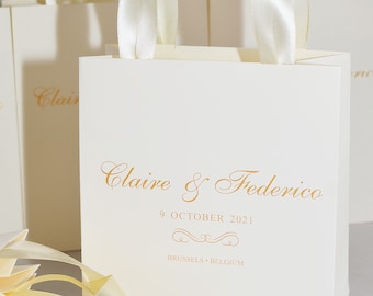 35 Personalized Wedding Welcome Bags, Ivory Ribbon Handles, Gold Names, Custom Gifts and Favors for Guests