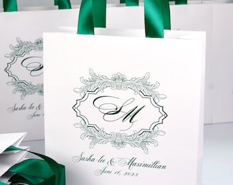 30 Monogram Wedding Welcome Bags: Emerald Green Ribbon Handles