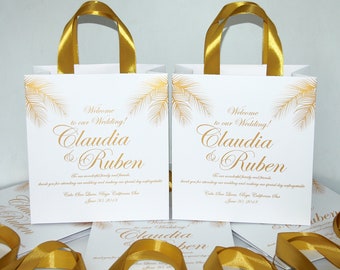 35 Gold Wedding Welcome Bags with satin ribbon handles and your names Beach Wedding gift bags Personalized Tropic Wedding favors for guests