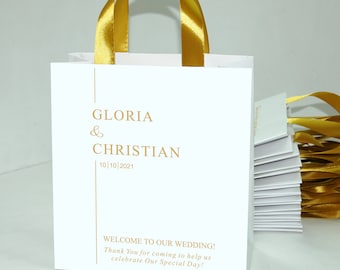 30 Wedding Welcome Bags with gold satin ribbon handles and names, Elegant Personalized Wedding gifts and favors for wedding guests