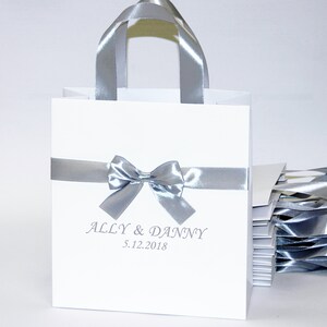 Silver Wedding Welcome Bags With Satin Ribbon Bow and Your Names ...