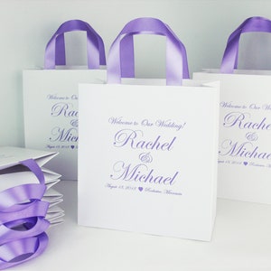 25 Wedding Welcome Bags with Lavender satin ribbon handles and your names - Elegant Personalized wedding favor bags for guests