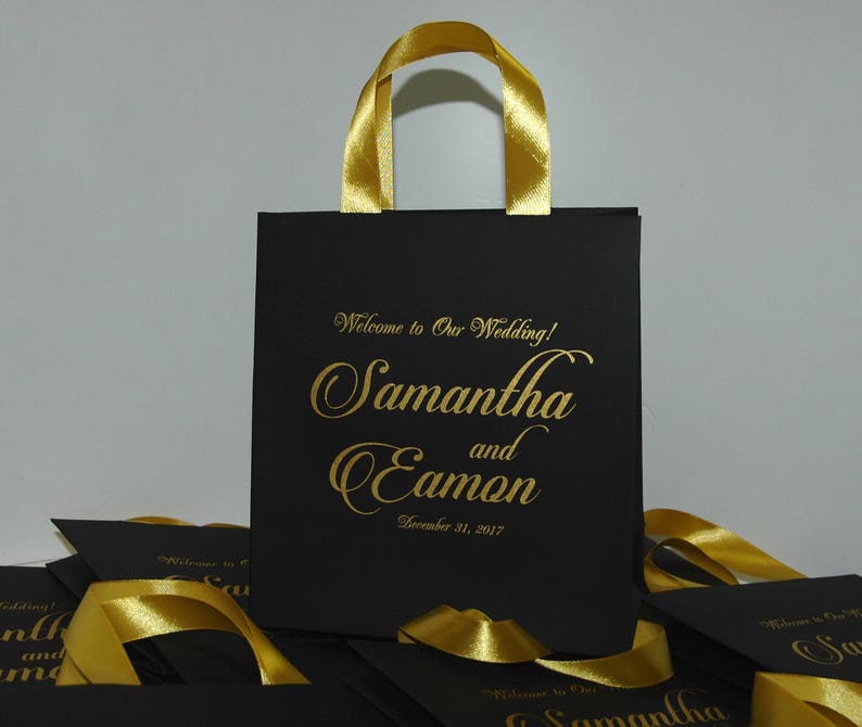 Personalized gift bags for wedding guests Elegant Wedding Favors 30 Black and Gold Wedding Welcome Bags with satin ribbon and your names