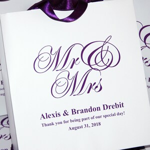 30 Mr and Mrs Wedding Welcome Bags with satin ribbon handles and your names, Purple Personalized Gift bags for wedding favor for guests