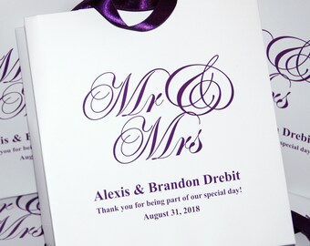 30 Mr and Mrs Wedding Welcome Bags with satin ribbon handles and your names, Purple Personalized Gift bags for wedding favor for guests
