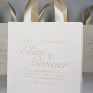 25 Ivory & Champagne Wedding Welcome Bags with satin ribbon handles and your names, Elegant Personalized Wedding gifts and favors for guests