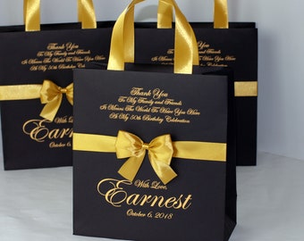 25 Elegant Black & Gold Birthday Party Bags for your guests with satin ribbon handles, bow and custom name Personalized Anniversary gift bag