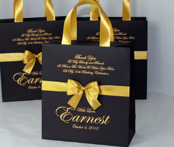 25 Elegant Black & Gold Birthday Party Bags for Your Guests With Satin  Ribbon Handles, Bow and Custom Name Personalized Anniversary Gift Bag 