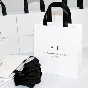 35 Wedding Monogram Welcome Bags with satin ribbon handles and names, Elegant Black & White Personalized Wedding gifts and favors for guests