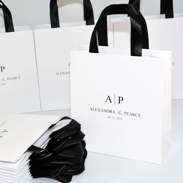 35 Wedding Monogram Welcome Bags with satin ribbon handles and names, Elegant Black & White Personalized Wedding gifts and favors for guests