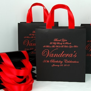 25 Elegant Red Birthday Party Bags for your guests with satin ribbon handles and custom name, Black & Red Personalized Anniversary gift bag