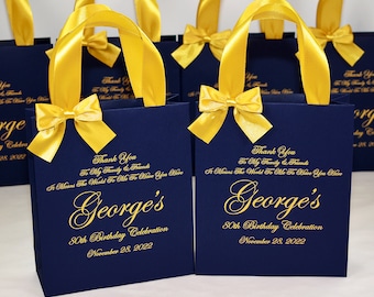 Navy Blue & Gold Party Favor Bags: Personalized Birthday Anniversary Gifts