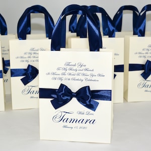 20 Elegant Birthday Party Favor Bags with Navy Blue satin ribbon handles, bow and your name, Personalized 50th Anniversary gifts for guests
