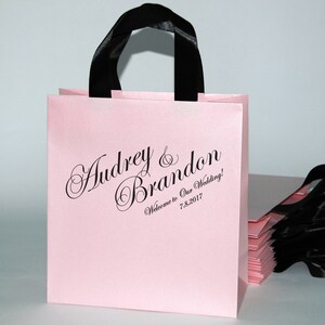 35 Wedding Welcome Bags with satin ribbon handles & your names - Gift bags for wedding thank you for guests - Pink Wedding Gifts and Favors